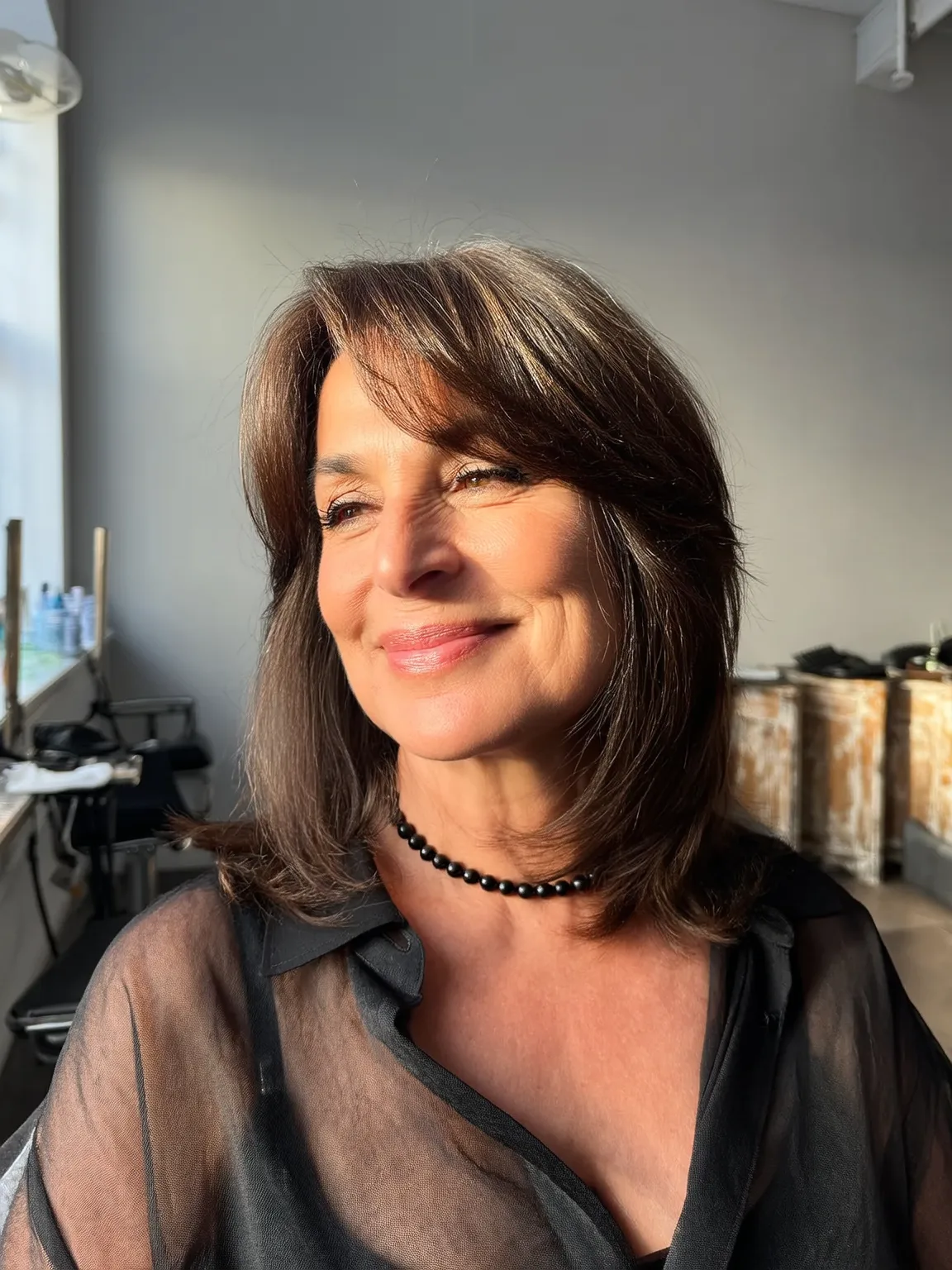 Feathered Shoulder-Length Layers in Deep Chestnut Brown